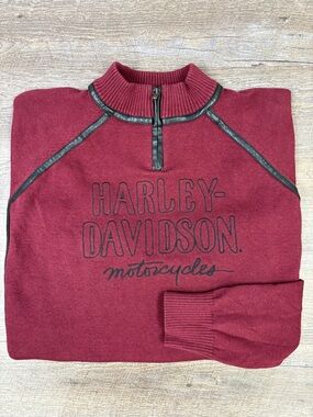 Harley-Davidson Moto Sweater | Burgundy Quarter Zip Knit | Leather Trim | 2XL